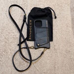Bandolier Black Leather Phone Case Gold Accents with Crossbody Strap 14 Pro Max